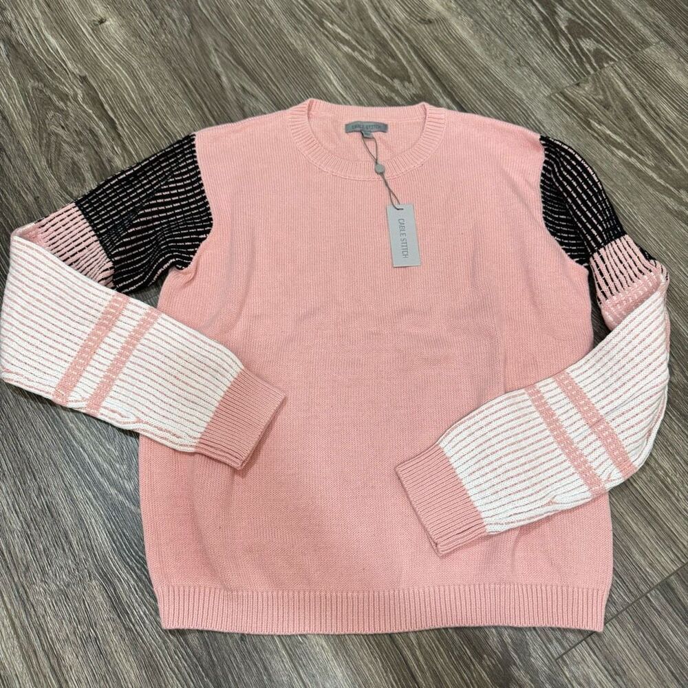 Cable Stitch Women's Cotton Jumper with Contrasting Sleeves